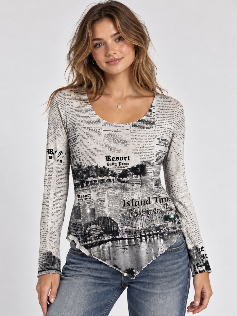 Pretty Woman Y2K Newspaper Cityscape Rhinestone Asymmetrical Top Size S Made USA